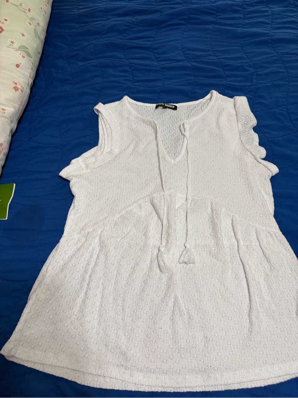 Steve Madden Blue and White Eyelet Tank with Label Detail